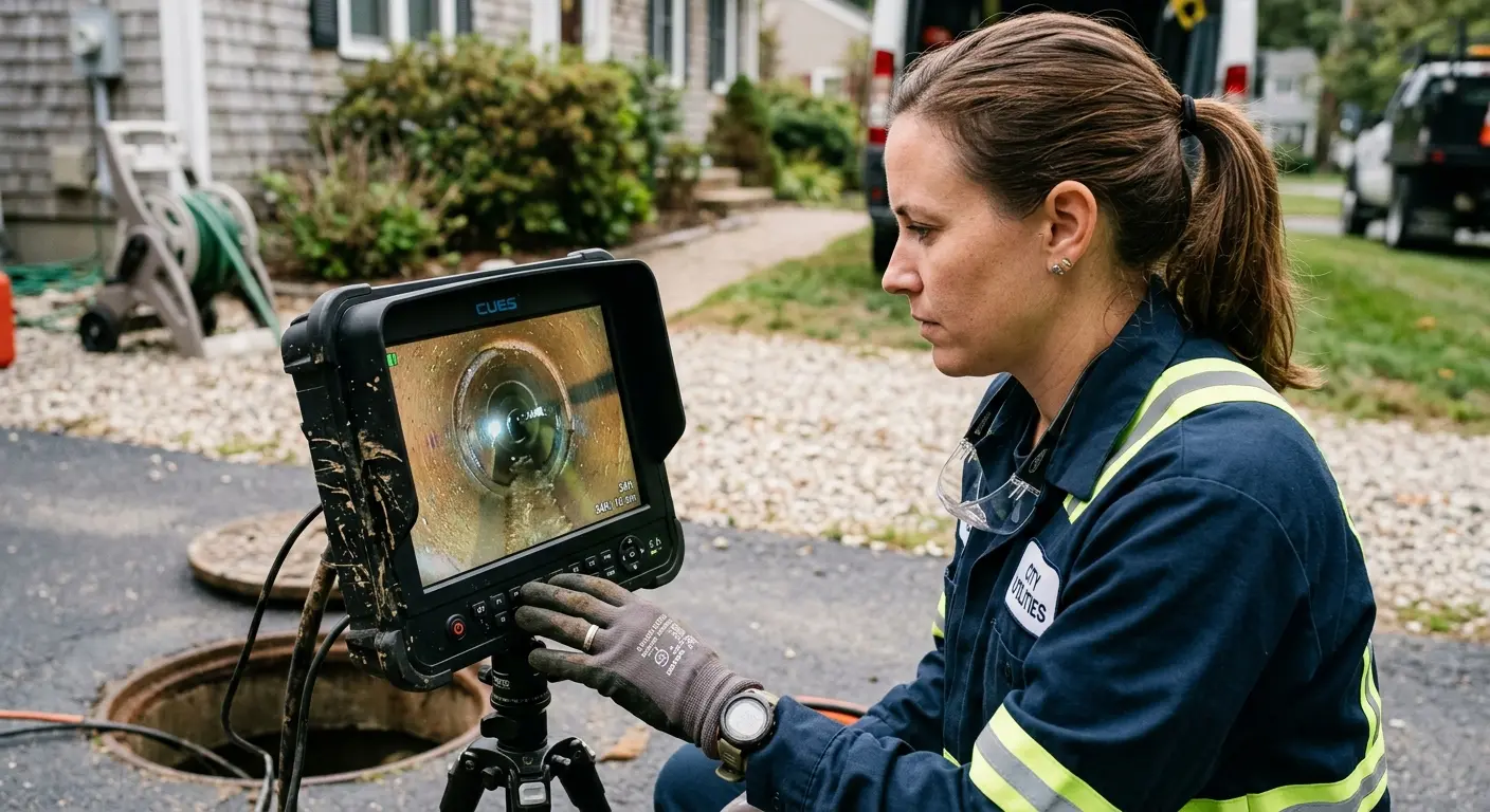 Technician reviewing sewer camera inspection footage in Amory