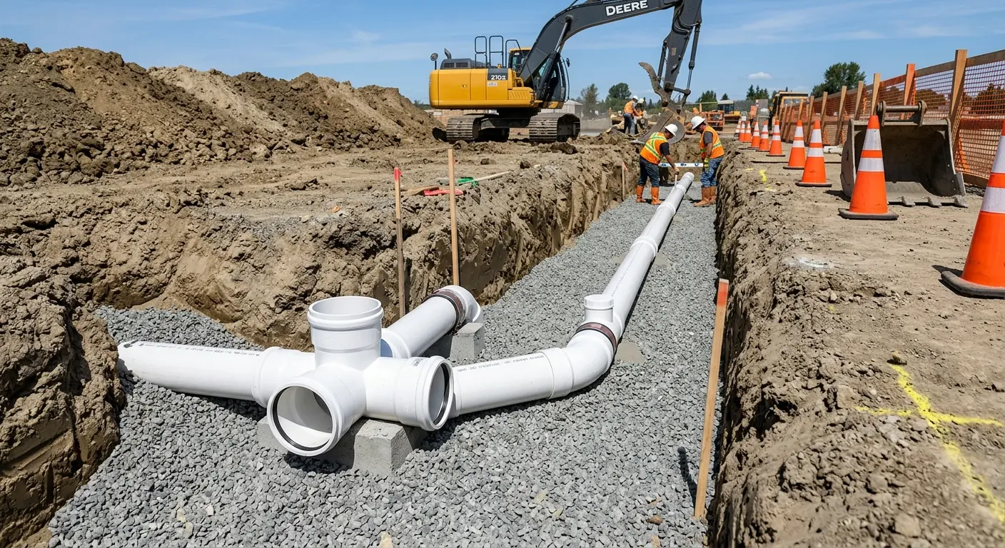 New PVC sewer pipe installation in open trench for Commercial Drain Cleaning in Amory